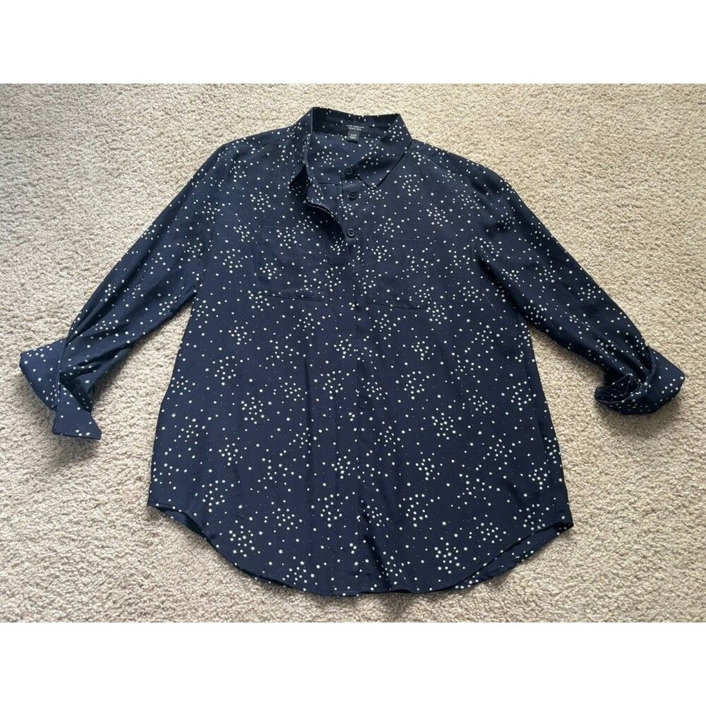 Ann Taylor Career Business button up 100% Silk shirt Size XSP Navy Blue Star